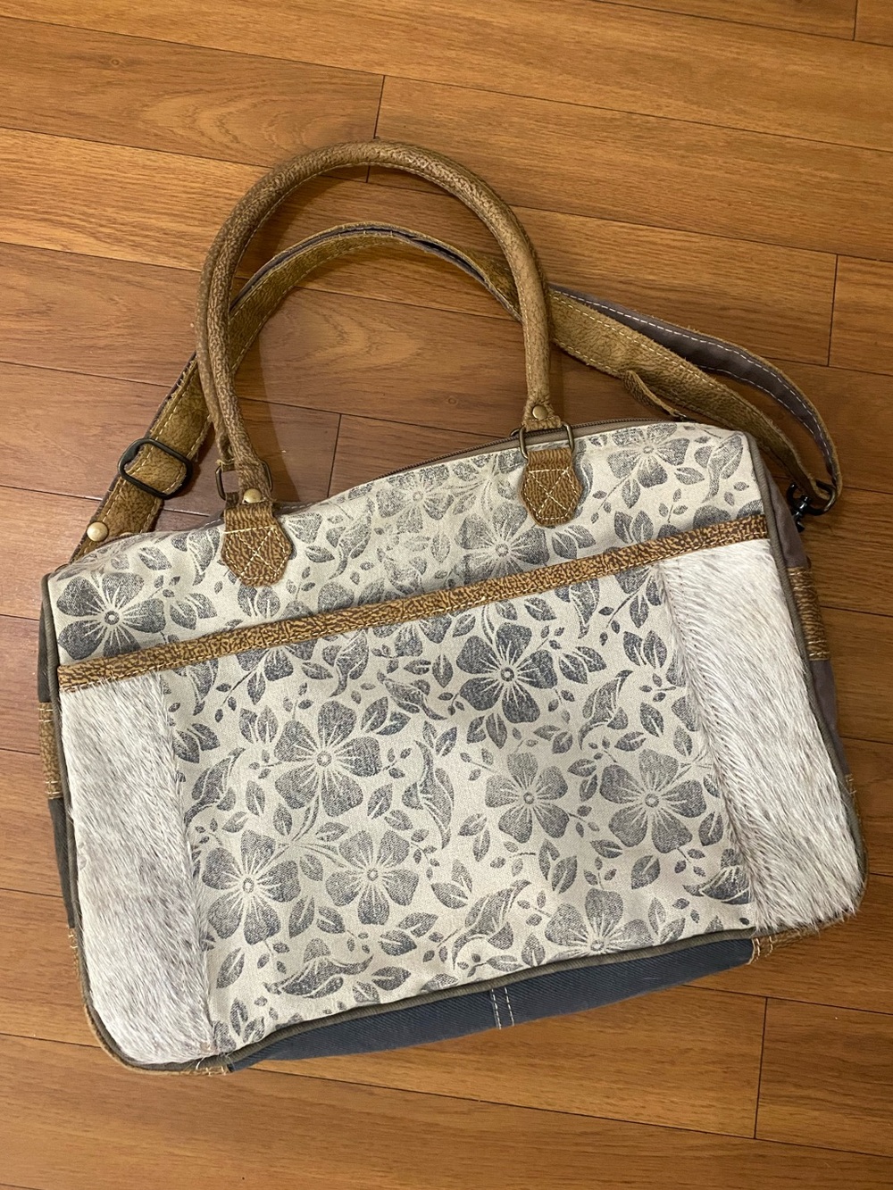 Myra Bag Floral Shoulder cowhide Tote in Cream, Gray & Tan